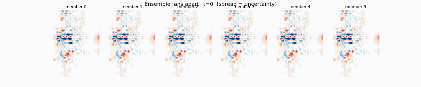 Six members of the ensemble fanning apart from a shared context (vorticity). Each stays sharp while they decorrelate from one another &mdash; the spread is the uncertainty estimate (under-dispersed, per &sect;8).
