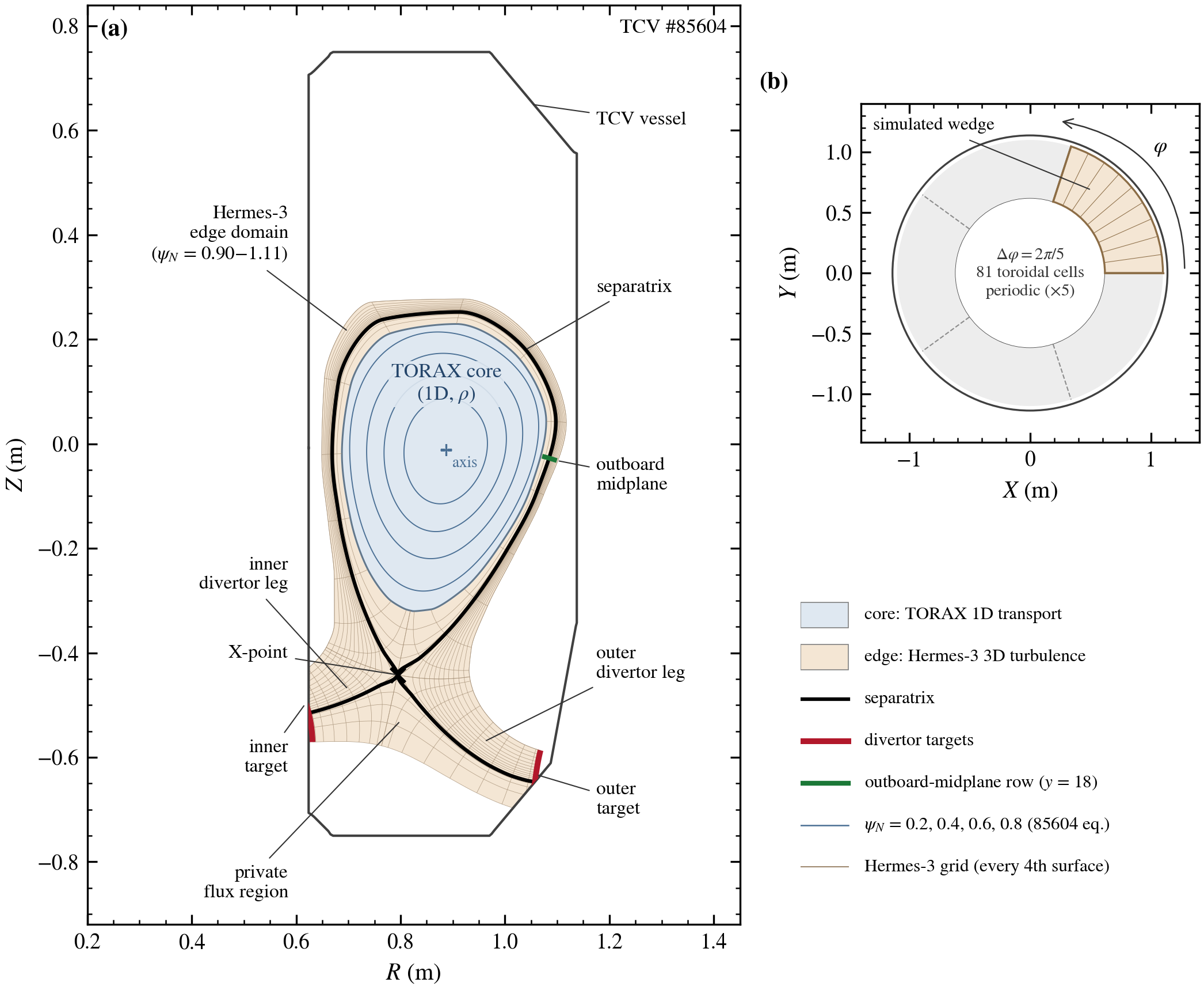 TCV cross-section with the TORAX core region and the Hermes-3 edge domain